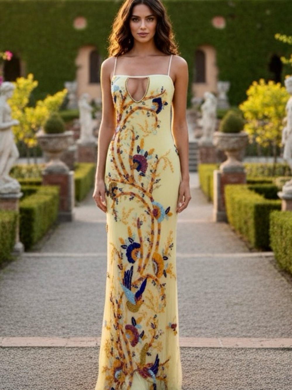 Yellow Spaghetti-Strap intricate hand beaded Evening Dress Attitudes by‎ Debra